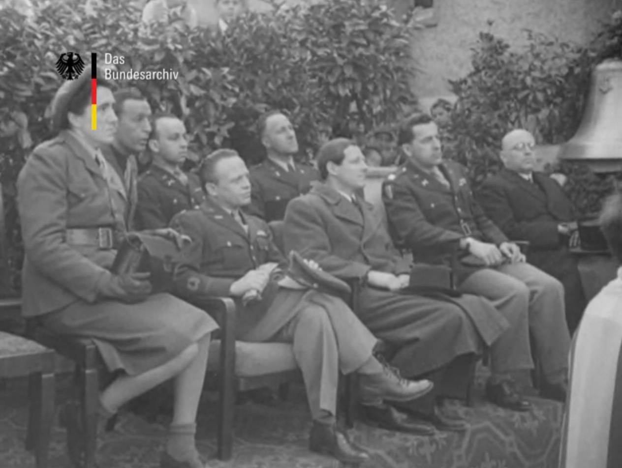 Judge Jasen, second from the right, at an April 1946 ceremony for the reclaimed church bells in Heidenheim, Germany.