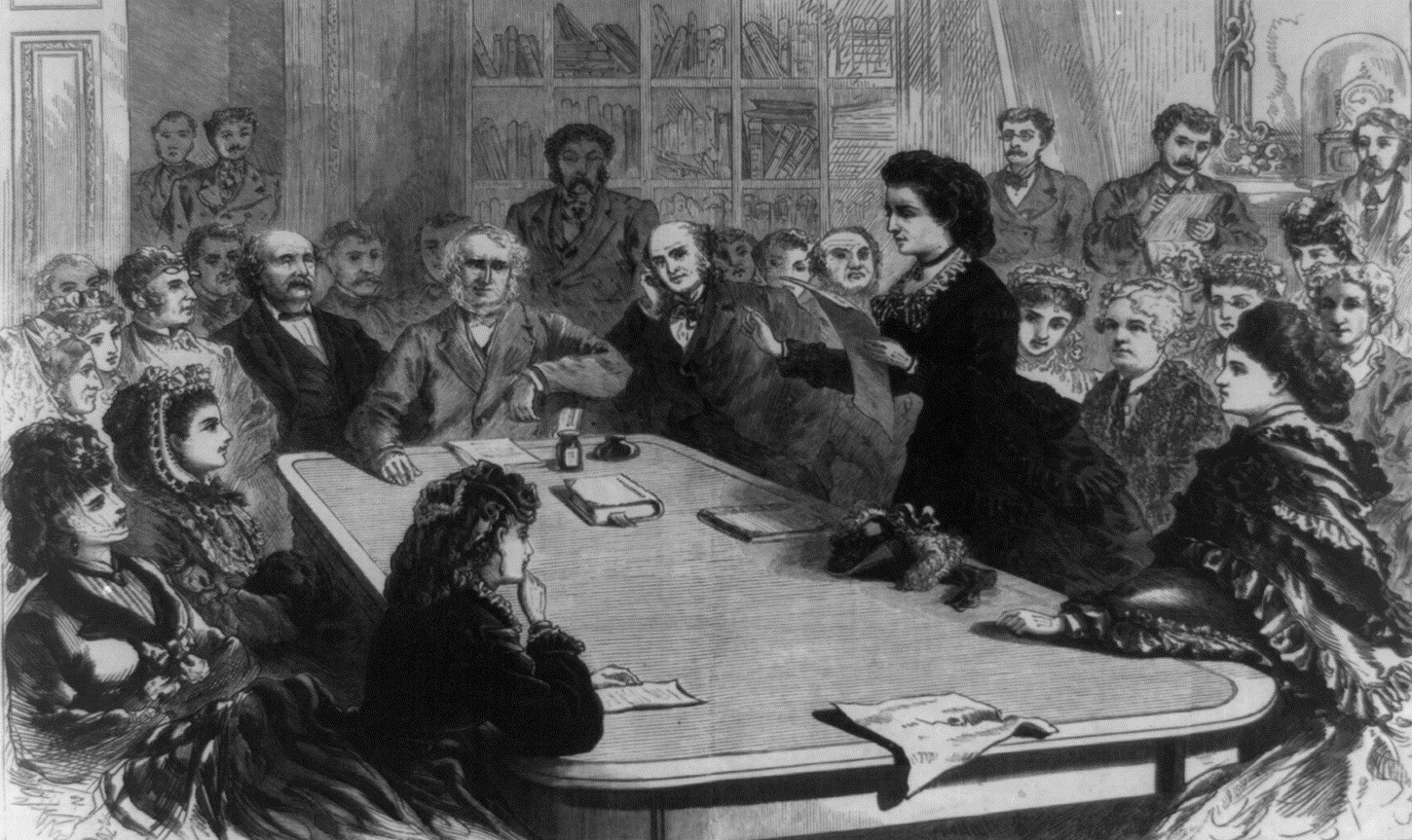 Victoria Claﬂin Woodhull reading an argument in favor of women’s suﬀrage to the Judiciary Committee of the House of Representatives, 1871.