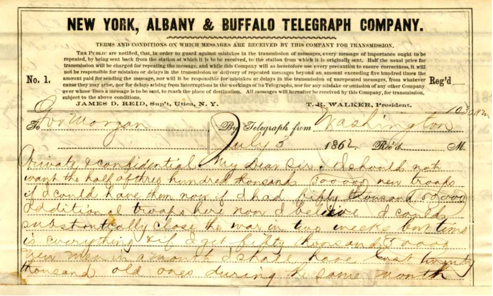 1862 Telegram from President Lincoln to NY Governor Morgan