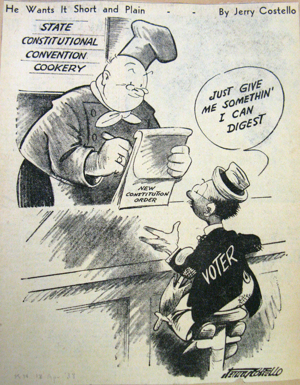 "He Wants It Short and Simple" cartoon by Jerry Costello. Archives: LOO96-78 Newspaper clippings file 1938