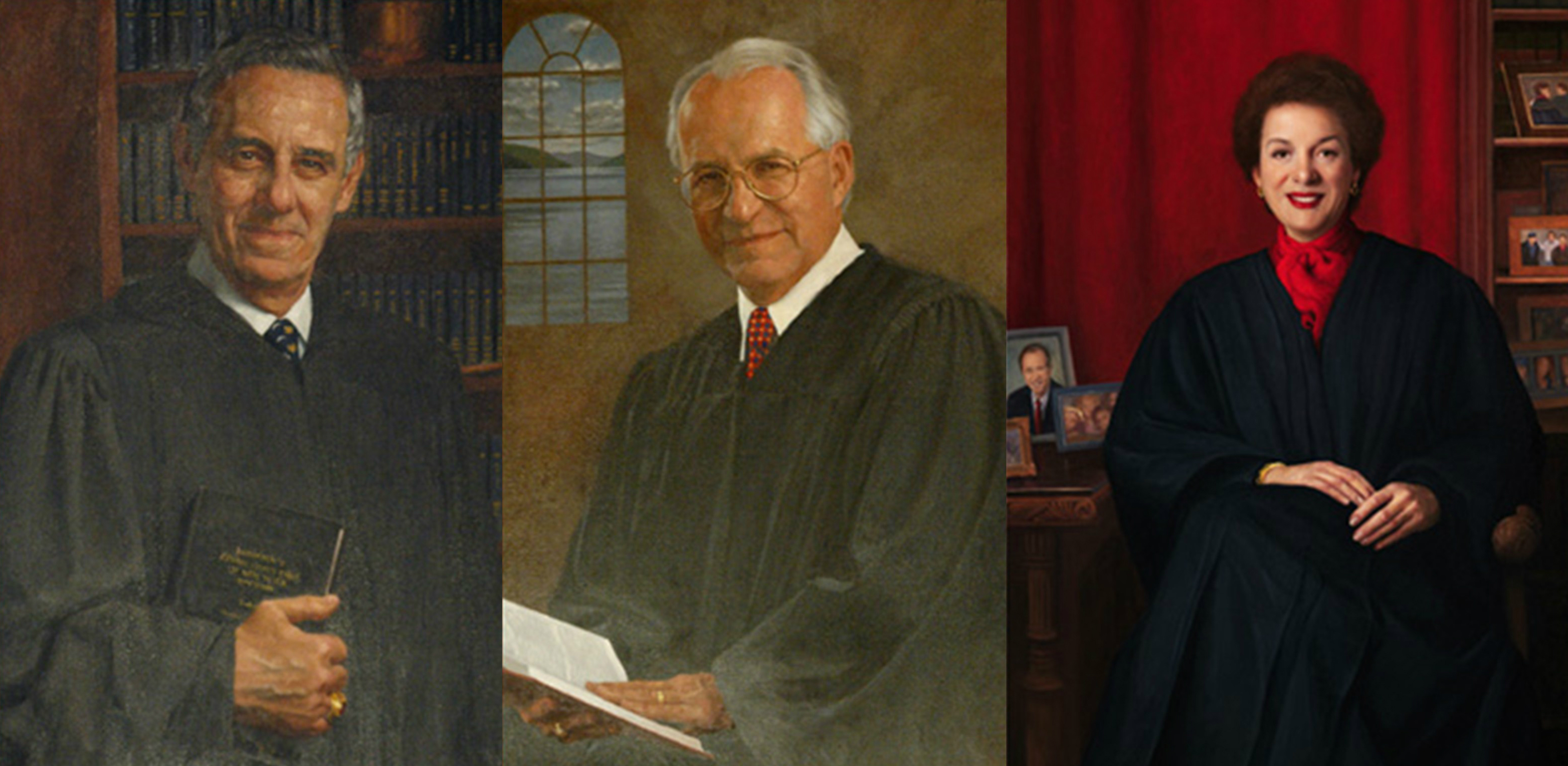 Official Court of Appeals portraits of Hon. Joseph W. Bellacosa, Hon. Richard C. Wesley, and Hon. Judith S. Kaye