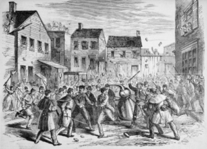 An illustration from Frank Leslie's Illustrated Newspaper that depicts soldiers raiding an illegal distillery in Brooklyn in 1869. © Bettmann/CORBIS